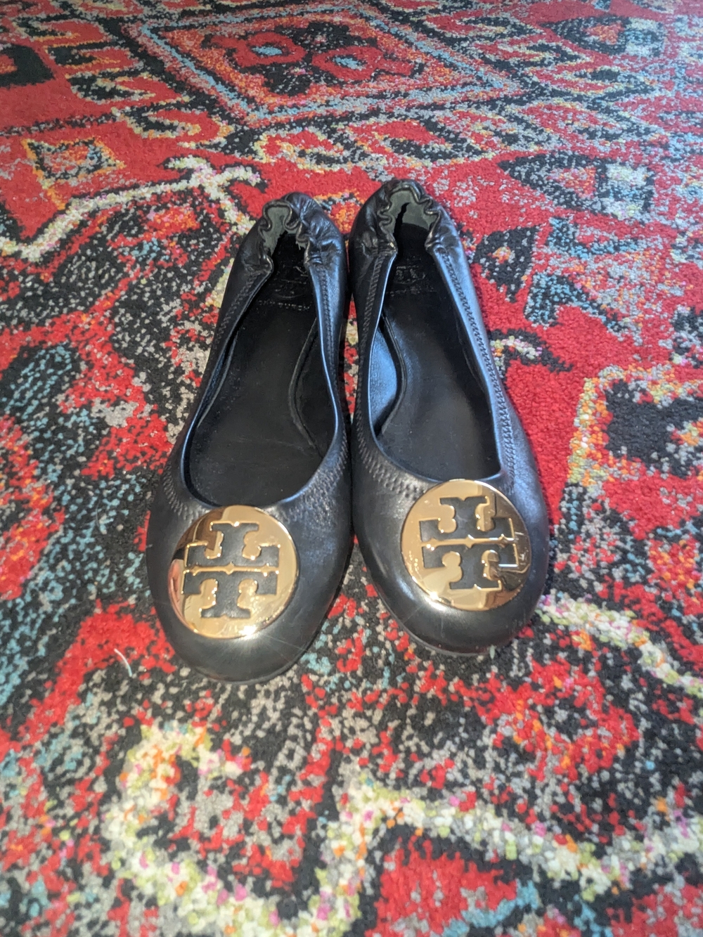 Tory Burch Black Leather Reva Ballet Flats with Gold Logo